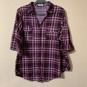 Purple Yellow Plaid Button Up Women Plus Size Top